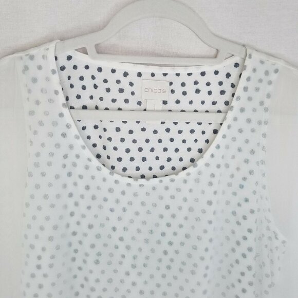 Chico's Size 1 Shirt Top White Black Polka Dot Layered Tank Sheer - Picture 3 of 6